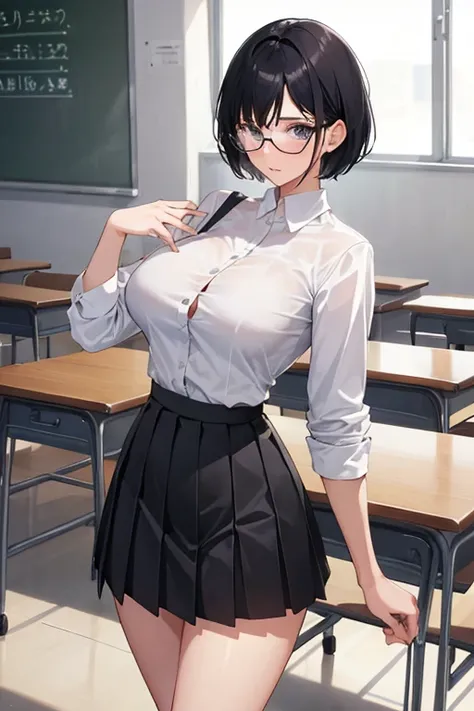 1 girl, (slim body:1.3), big breasts, black hair, short hair, white shirt, pleated skirt, glasses, classroom,