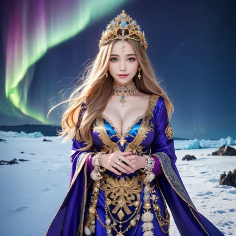 ((masutepiece、top-quality、Top image quality、in 8K、Award-Winning Works))、One Goddess、(The most gorgeous and extravagant goddess gigantic costume:1.3)、(Goddess&#39;s finest blue and purple costume:1.3)、Upper body photo、accurate anatomy、the biggest smile when...