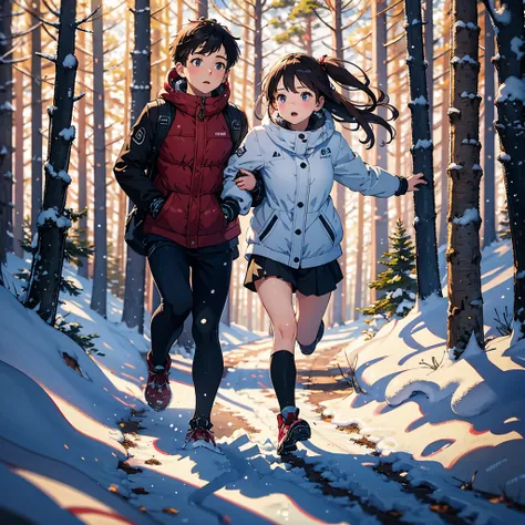 ((Best Quality, 8K, Masterpiece:1.3)), (Photorealistic, Ultra Detail, Clear Focus 1:0), (Original Photo, Lighting: 1:1), detailed face, face focus, A boy and a girl, winter clothing, running around, Winter forests, surrounded by white birches and covered w...