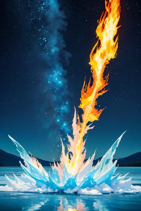 top-quality　​masterpiece　The border between freezing water and burning water　very large lake　Fire and ice collide　Bursting flames　Splattering ice　blue sky　Prominence