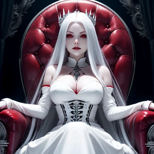 a vampire, vampire woman, with platinum hair, long hair, heavy, platinum hair, very white skin, skin as white as snow, red eyes, ruby ​​eyes, sitting on a throne, a throne of bones.  black dress, big neckline, big breasts, - 4k