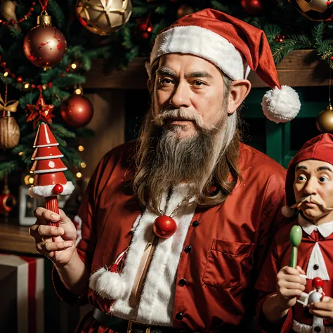 Santa holding a kendama surrounded by a bunch of kendama elf’s