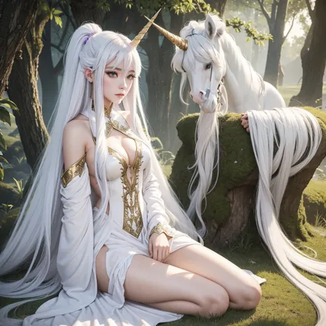 girl with unicorn horn with long white hair in fantasy clothes sexy AI soft features