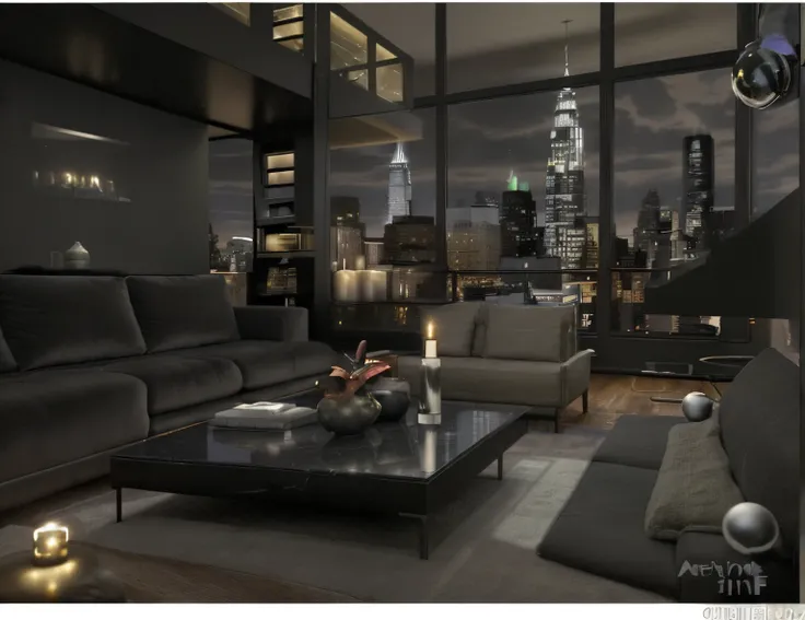 Create a Modern New York coffee house style penthouse loft living room with black marble fireplace in the middle. The Decore is dark inside with several Christmas lights in the living room There is a beautiful colorful Christmas tree in the corner. There a...