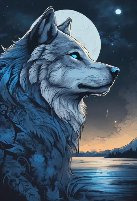 Arte realista da tatuagem do lobo preto e cinza (((olhos blue))), background with night sky and full moon 、Parece muito ferozmente irritado