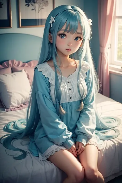 kawaii girl　Light blue long-haired　Bedrooms　Sitting in bed