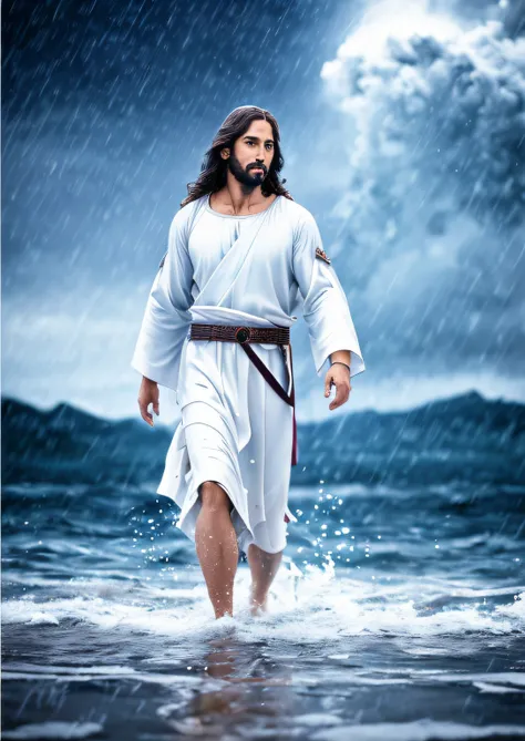 jesus walking on water in a storm, masterpiece, best quality, high quality, extremely detailed CG unit 8k wallpaper, award winning photography, Bokeh, Depth of Field, HDR, bloom, Chromatic aberration, photorealistic, extremely detailed, trending on artstat...