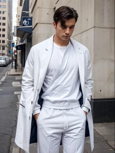 Make a man wearing a white overcoat, a dark blue shirt with a curved bottom and slightly baggy white sweatpants.