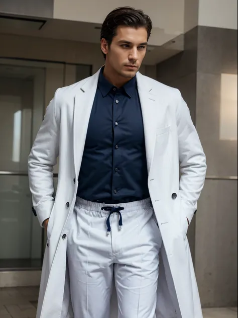 Make a man wearing a white overcoat, a dark blue shirt with a curved bottom and slightly baggy white sweatpants.