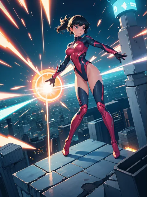 1girl, superhero, mature woman, leotard, bare legs, boots, gloves, sparkling, glow, glowing body, light surrounding her body, light particles, city backdrop, standing, cowboy shot, full body shot, superpower, perfect anatomy.