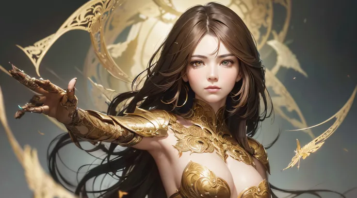 8k portrait of beautiful cyborg with brown hair, intricate, elegant, highly detailed, majestic, digital photography, art by artgerm and ruan jia and greg rutkowski surreal painting gold butterfly filigree, broken glass, (masterpiece, sidelighting, finely d...