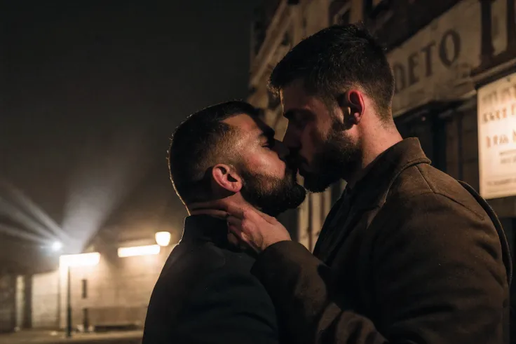 forbidden love, masterpiece, best quality, 2boys, adult males, beards, chavs, rough, dirty, Mancunian, mean, bullies, druggies, skinheads, in the neighbourhood, , soft kiss , romantic, realistic, dramatic lighting, atmospheric, intricate detail, epic shot,...