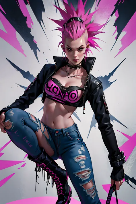 1 girl, slender,  pink mohawk, she is Punk Mambo.  A mic of London Punk and Voodoo, torn  torn jeans, Doc Martens sprayed with voodoo symbols.  nice tigths