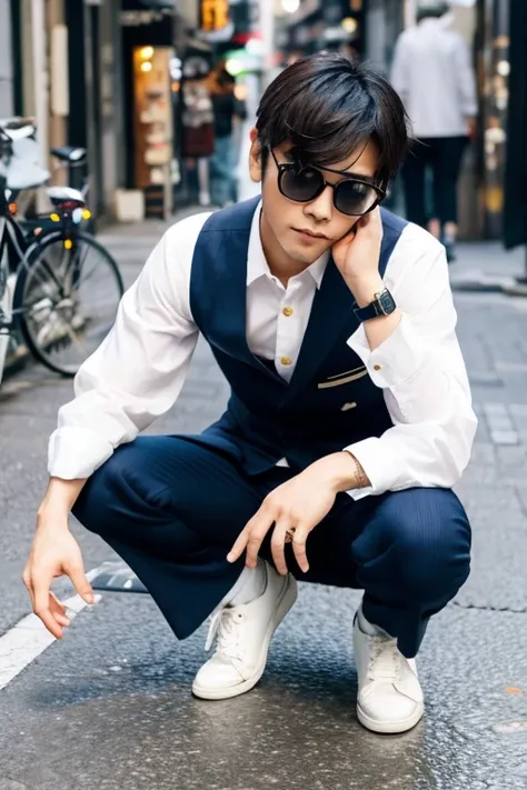 Handsome Japanese man wearing a suitJapanese man２a person,squatting down,white shoe,Wearing glasses