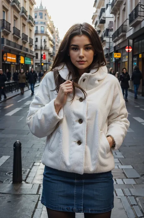 pretty woman in Madrid, wearing winter clothing