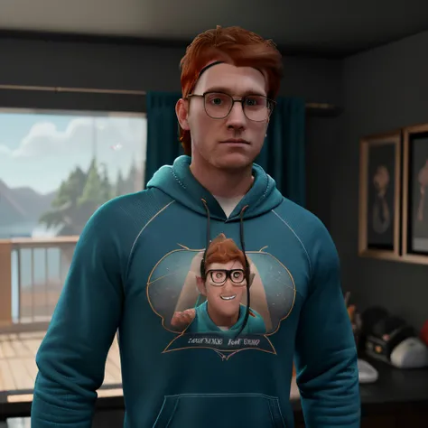 JJ is a 20-something man. clean shaven face, ginger haired. teal workout sweat headband. matching hoodie, round black glasses. blue jeans. Pixar style, 3d, cgi, cartoon, Unreal-Engine, extreme intricate details, middle parted hair flopped over the headband...