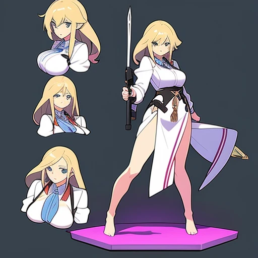 masterpiece, best quality, girl, full body, standing, holding weapon, female, multiple views,