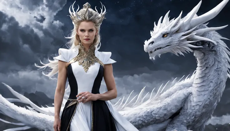 Queen of the White Dragon, mulher madura jovem, "Michelle Pfeiffer ", orelhas longas de elfos, vestido preto elegante, mama grande, Curvy, dragon ling vawy hair, Cabelos Super Longos, soft facial features, White dragon horns on his head, mulher majestosa, ...