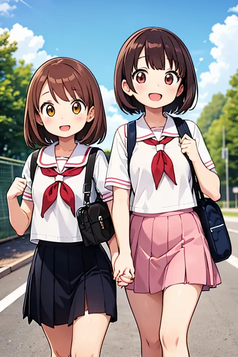 masutepiece, Best Quality, Extremely detailed, Anime,2 girls,sisters,brown hair,smile,:d,serafuku,sprinting,school bag,School zone,holding hands