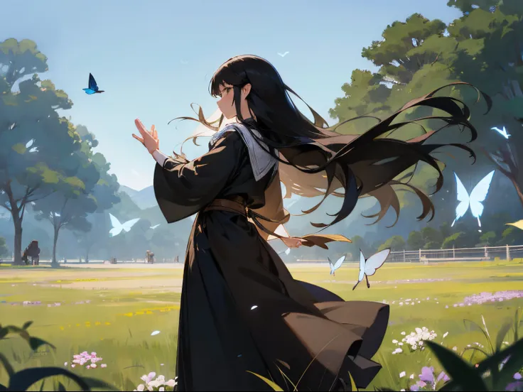 high detal，hyper-detailing，Super high resolution light brown eyes，Girl with long black hair enjoys time in open field，Wearing ancient blue and black clothes，surrounded by natures beauty，warm sun sprinkling on her，white flowers gently swaying in the breeze。...