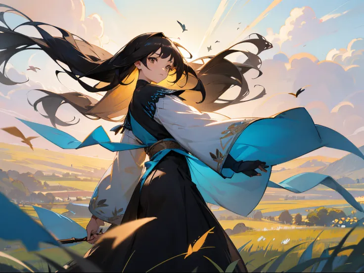 high detal，hyper-detailing，Super high resolution light brown eyes，Girl with long black hair enjoys time in open field，Wearing ancient blue and black clothes，surrounded by natures beauty，warm sun sprinkling on her，white flowers gently swaying in the breeze。...