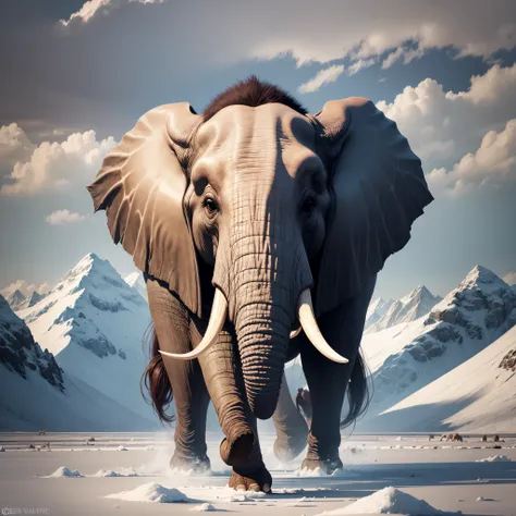 Please draw a mammoth elephant standing on a cold icy land. It would be wonderful if glaciers and snow spread out in the background and the mammoth elephants fur and large tusks are realistically represented. --auto --s2