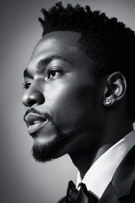 black man singing,Close-up profile portrait,black-and-white