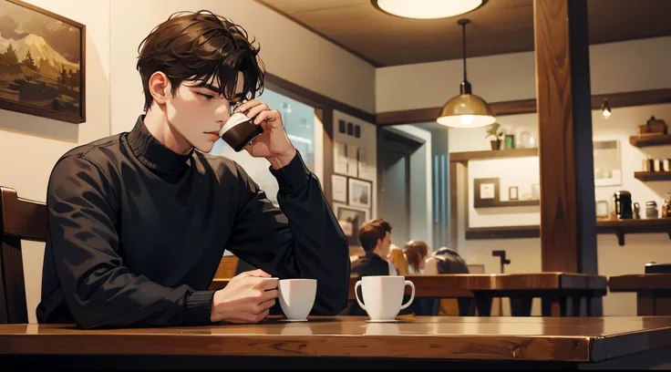 A man drinks coffee at a cafe.