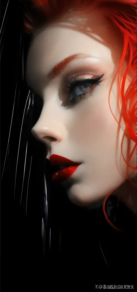 A red hair、Close up of woman on black background, Girl with red hair, gothic girl face, Detailed face with red lips, Girl with red hair, faint red lips, gothic face, Cute face. dark fantacy, beautiful gorgeous digital art, Red head, gorgeous digital art, E...