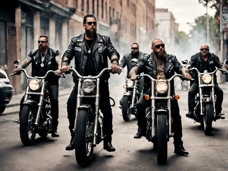 many american biker gangs ride harley davidson, (harley davidson: 1.3) tough, macho, brutal, violent, fierce, intimidating, dressed in biker gang style, tattoos, smoking a cigarette. standing in the middle of a street.