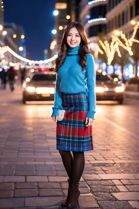 Masterpiece, top quality, high resolution, amazingly beautiful woman, unsexy winter fashion, wearing turtleneck sweater, Blue plaid skirt, straight hair, small breasts, natural color lips, smile, Christmas night Cityscape, gorgeous Christmas tree illuminat...