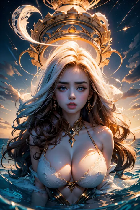 Lily Collins，pretty  face, Caucasians, NSFW, sportrait, white hot bra, white theme, Large breasts, huge long boobs, Sexy goddess with two tail hands，best quality，Snow-whiteskin，8K high image quality，Sexy goddess，Big chest，A pair of big eyes are beautiful a...