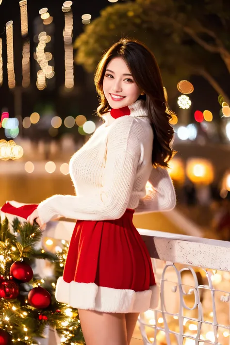 Masterpiece, top quality, high resolution, amazingly beautiful woman, not sexy winter fashion, wearing a red turtleneck sweater, white skirt, straight hair, small breasts, natural colored lips, smiling, Christmas night Cityscape, ((Gorgeous Christmas tree ...