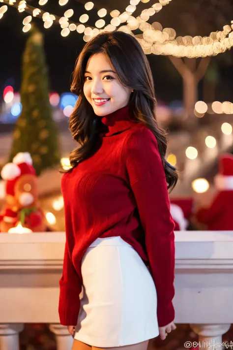 Masterpiece, top quality, high resolution, amazingly beautiful woman, not sexy winter fashion, wearing a red turtleneck sweater, white skirt, straight hair, small breasts, natural colored lips, smiling, Christmas night Cityscape, ((Gorgeous Christmas tree ...