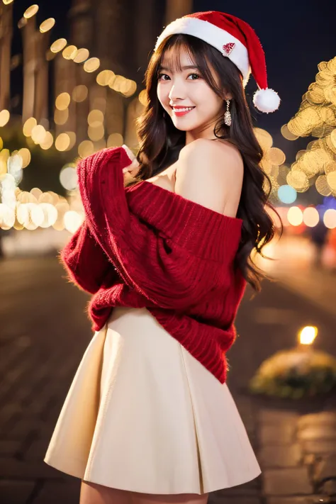 Masterpiece, top quality, high resolution, amazingly beautiful woman, unsexy winter fashion, wearing a deep red sweater, white skirt, shoulder-length straight hair, small breasts, natural colored lips, smiling, Christmas Night cityscape, ((Background of go...