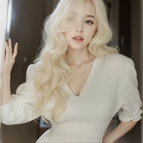 um close up de uma mulher com longos cabelos loiros posando para uma foto, com longos cabelos brancos, her hair is white, pale skin curly blond hair, photoshoot revista brilhante, extremely pale blond hair, com cabelos longos brancos, Dom Yunjoo, very very...