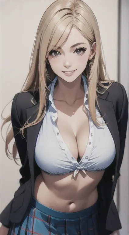 masterpiece ,best quality,ultra-detailed,high resolution,beautiful face,smile,beautiful detailed eyes,faint lips,long hair, cleavage, navel, slim legs, blonde hair, skirt, Kitagawa marin, school uniform, class,detailed background,