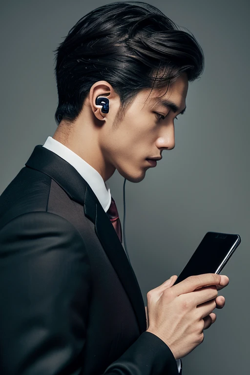 Handsome man in a black suit holding a smartphone to his ear,profile portrait