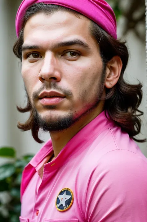 (full body shot, ultra-detailed, best quality, photorealistic:1.37, 4k, realistic, portrait, photography, Che Guevara, iconic pose, dressed in pink with vivid makeup, detailed facial features, vibrant colours, 35mm)