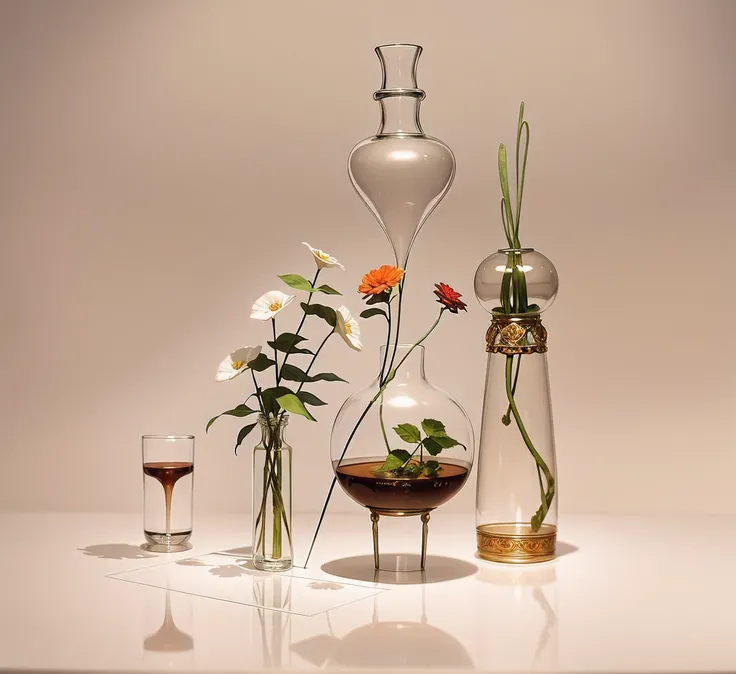 Set of glass vases，There are plants and flowers inside, inspired by Frieke Janssens, inspired by Anna Füssli, Inspired by Karel Dujardin, Surreal object photography, author：Jacob Gallman, Perfect minimalist composition, scientific glassware, glass labware,...