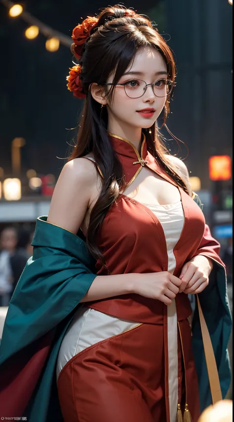 (The content is very detailed:1.3), 1 plump girl, Alone, full bodyesbian，enchanting，Raised sexy， Aang_DV, Orange eyes, Half-rimmed glasses, light  smile, hyper-detailing, (A high resolution:1.1), Best quality at best, (tmasterpiece:1.3), 电影灯光,