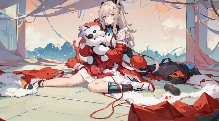 Anime girl sitting on the floor，Holding a bunch of stuffed animals in hand, gaming character, Kelly