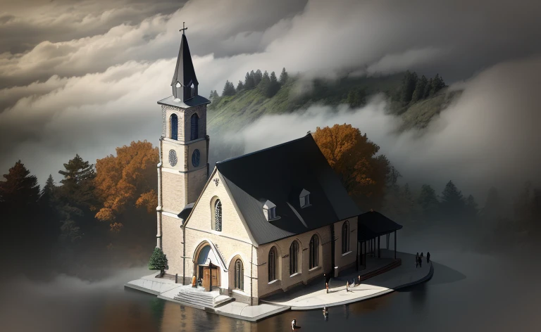 modern looking  glazing facades of church combined with solid orange brick,foggy wood baground musty and grey weather, with people in front of the church