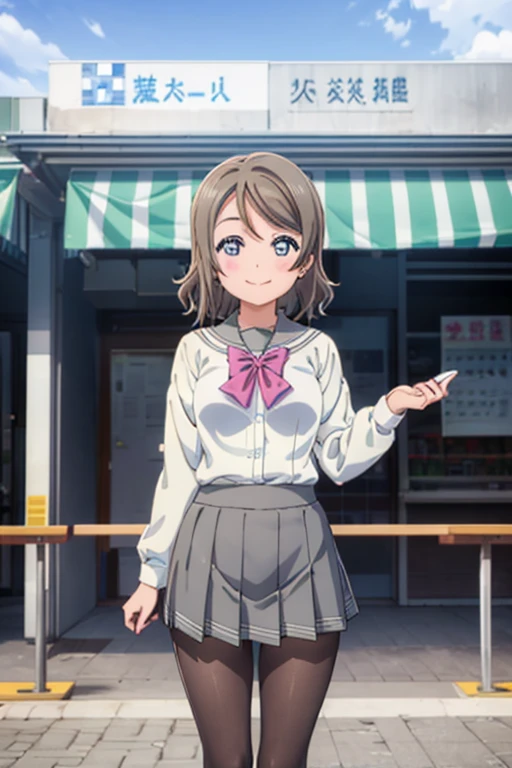 (((pixel perfect, Detail Perfect))), Solo, 1girl in, Yo Watanabe, uranohoshi school uniform, bowtie, Looking at Viewer, Smile，black pantyhose king