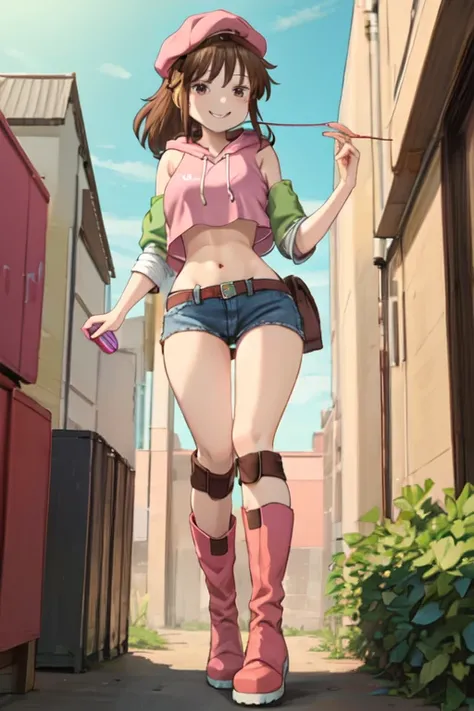 Massively tall and athletic superheroine with long red hair which flares up at the ends, and brown eyes. She has a brown newsboy cap. Her attire consists of a pink stringed hoodie vest layered over a pink crop top.  The outfit is paired with a miniskirt th...