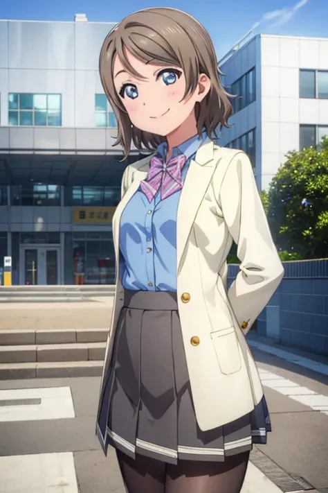 (((pixel perfect, Detail Perfect))), Solo, 1girl in, Watanabe, uranohoshi school uniform, bowtie, Looking at Viewer, Smile，Black Pantyhose King