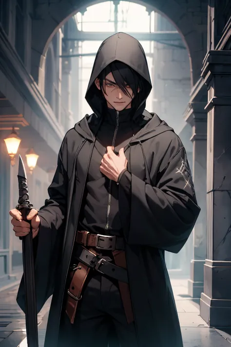 man mysterious elf assassin arcane trickster rogue dark robe hooded black short hair with a dagger