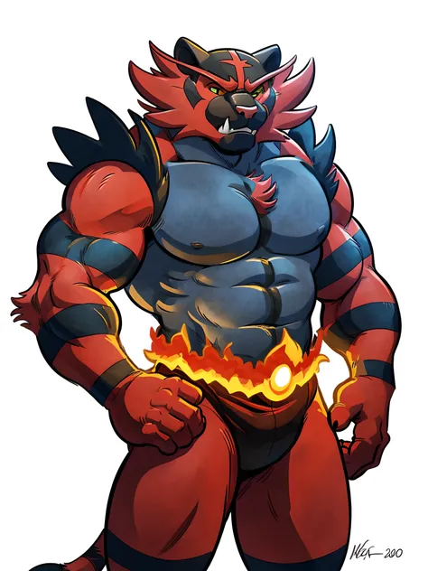 incineroar, 4k, high resolution, best quality, posted on e621, solo, male, adult, masculine, muscular, (white background, no bac...