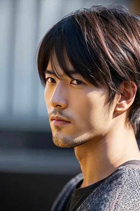 Handsome Japan Man,Close-up portrait of the left half of the face,pinkish