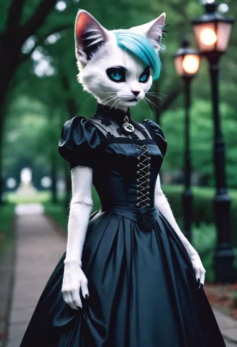 realistic sharp professional breathtaking photograph of a goth anthro cat in an elaborate black victorian dress, upper body, whi...